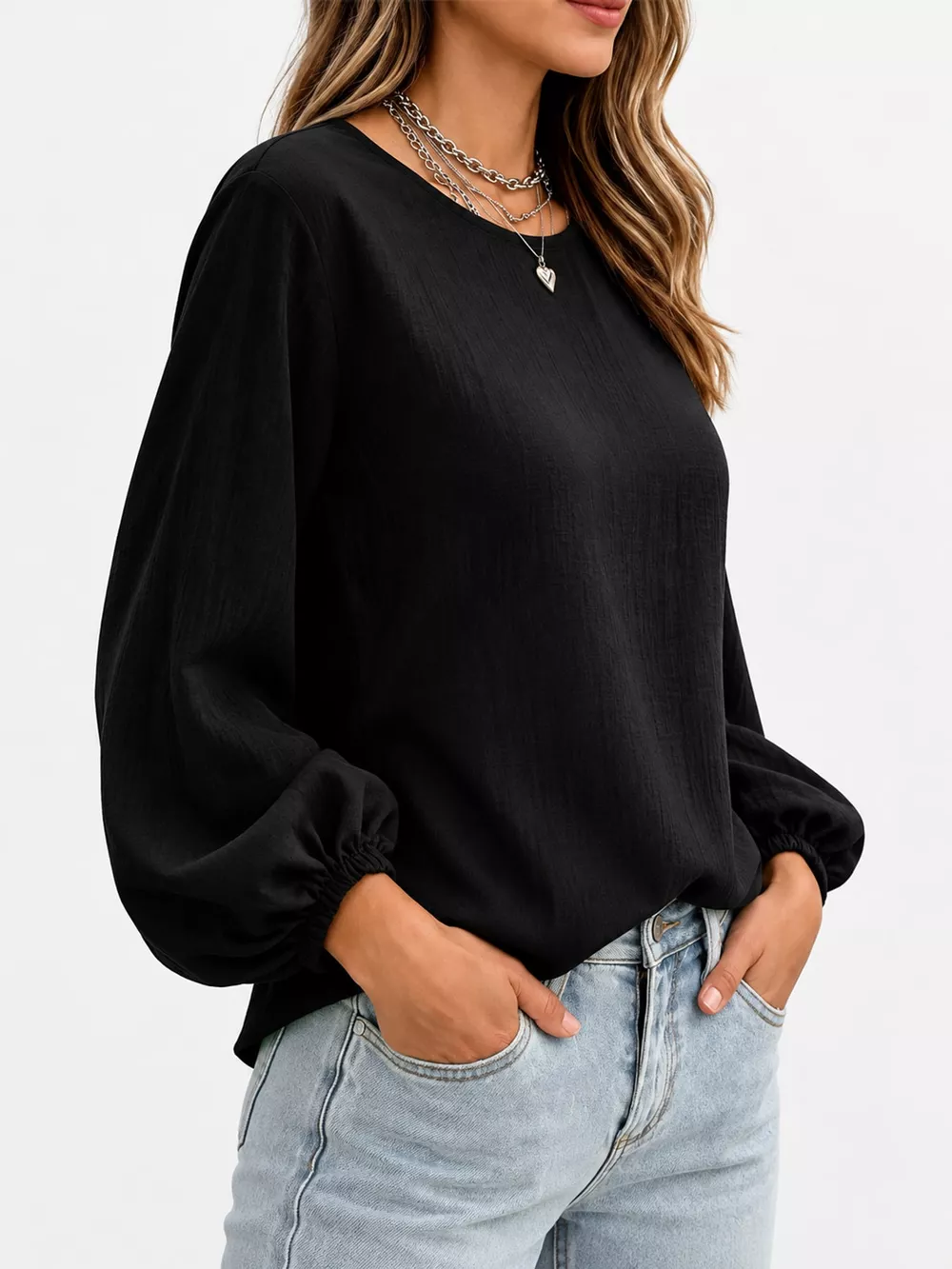 Full Size Elasticated Cuffs Long Sleeve Blouse Plus Size, image 6