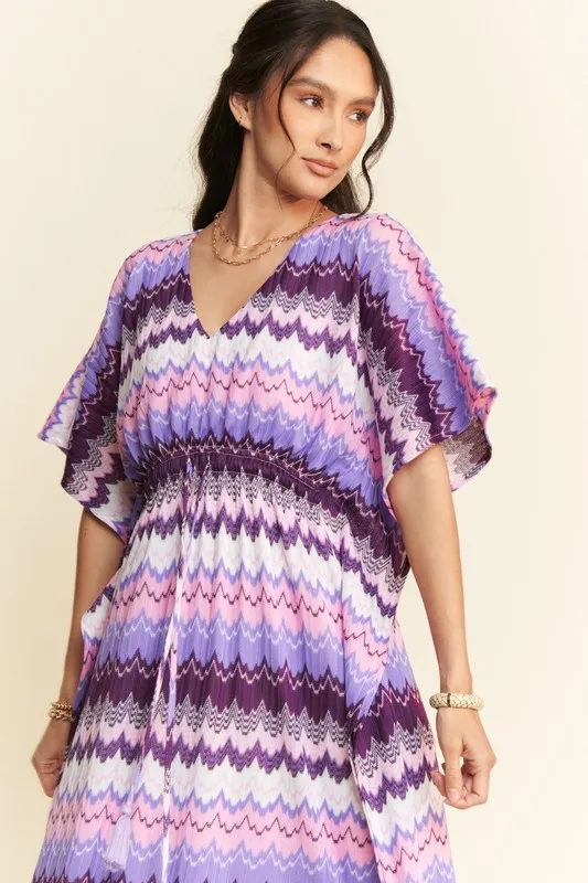 Multi Color Wavy Tie Waist Flowy Sleeve Dress, image 5