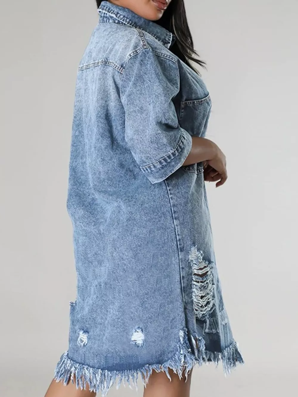 Plus Size Distressed Frayed Hem Button-Down Denim Dress, image 13