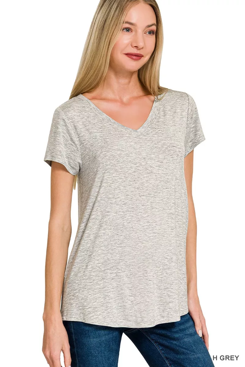 Rayon Short Sleeve V-neck Round Hem Top