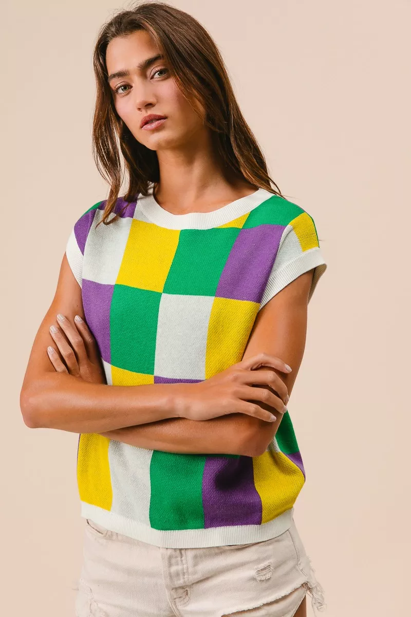 Mardi Gras Checker Pattern Sleeveless Sweater Top, image 2