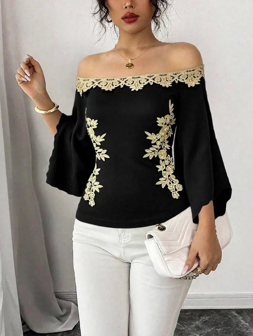 Off-Shoulder Embroidered Bell Sleeve Top, image 3