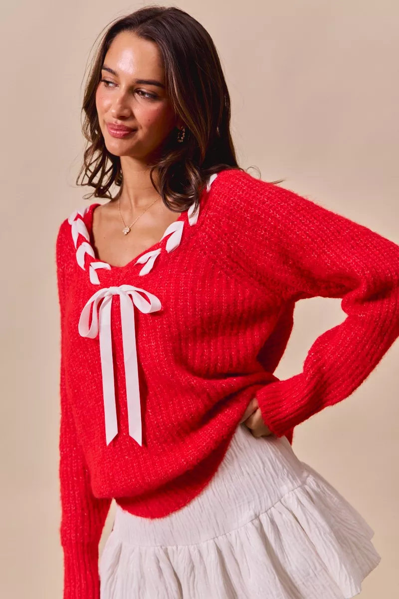 Satin Tape Braided Ribbon Tie V Neck Sweater, image 6