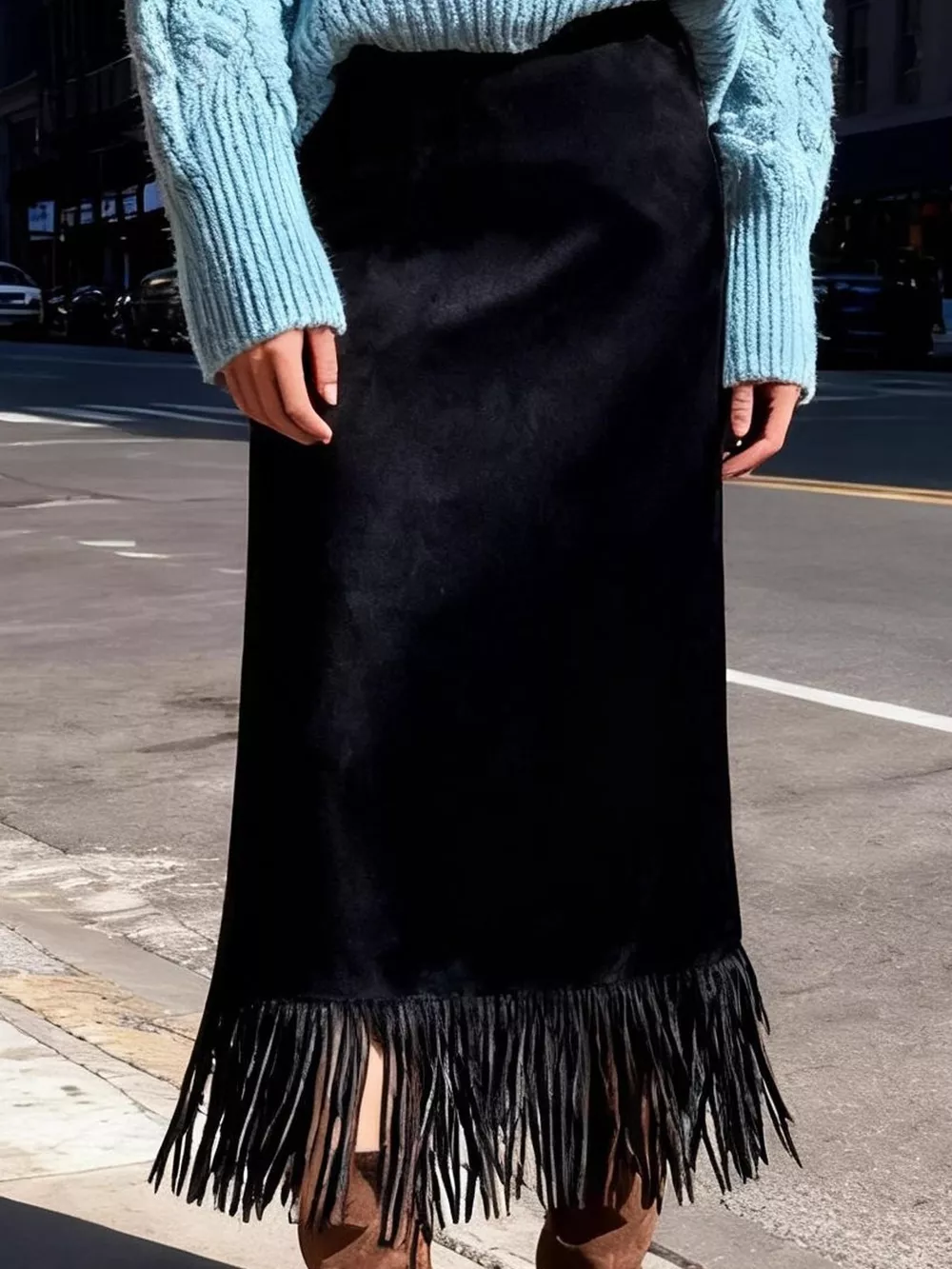 High-Waisted Fringe Midi Skirt, image 5