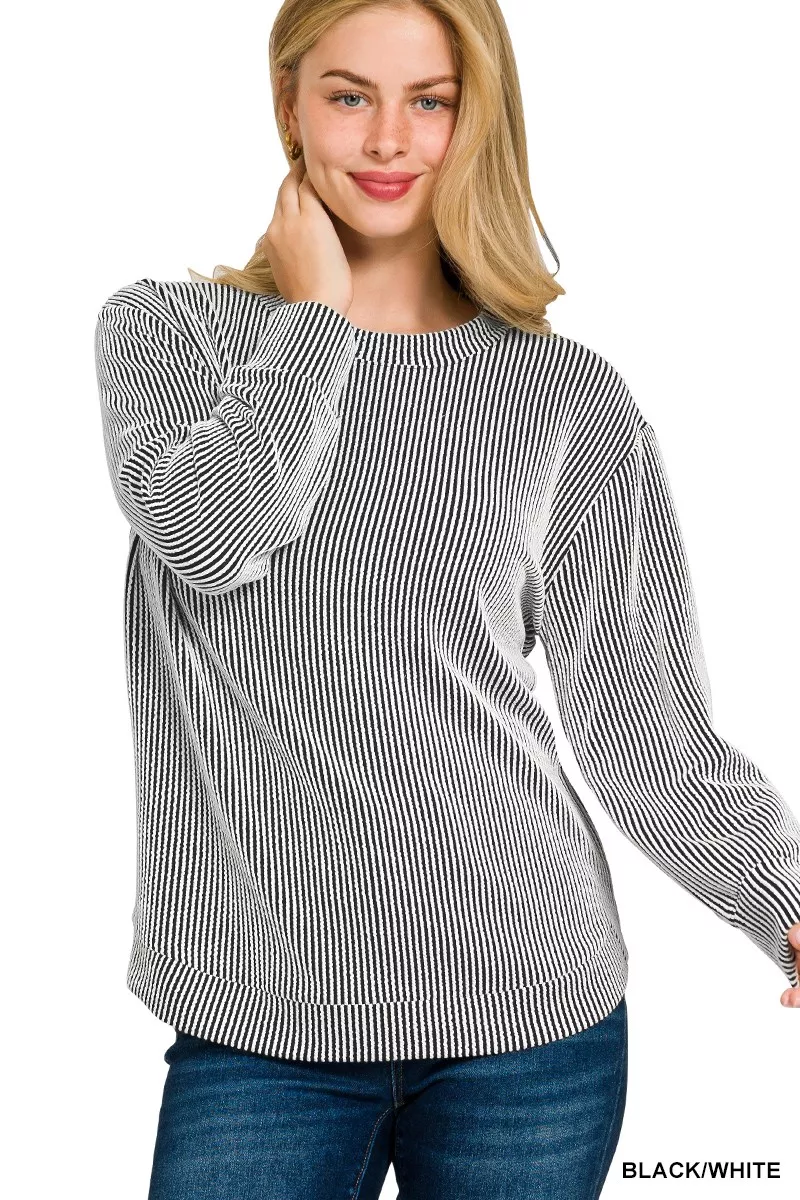 Full Size Raised Rib Round Neck Long Sleeve Top Plus Size