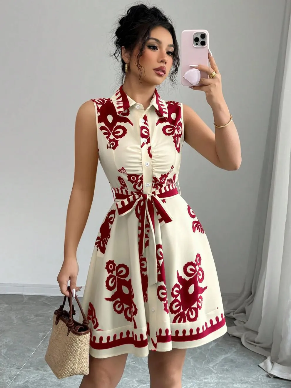 Printed Sleeveless Button Front Dress, image 3