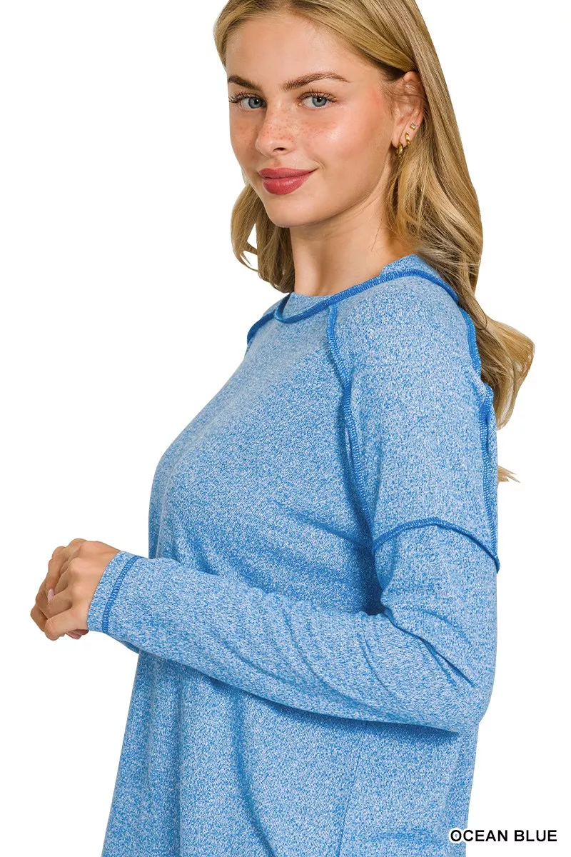 Full Size Melange Hacci Exposed Seam Hi-low Tee Plus Size, image 6