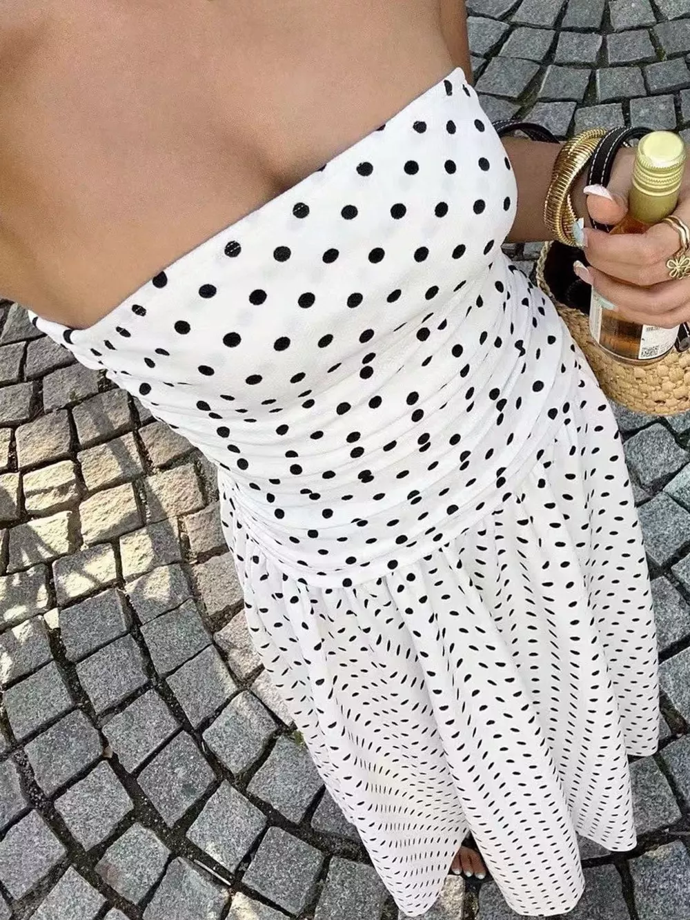 Strapless Polka Dot Ruched Maxi Dress, image 2
