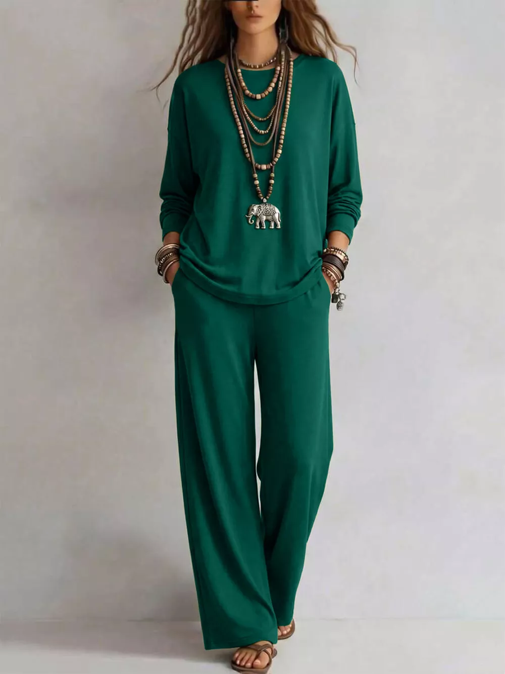 Round Neck T-Shirt and Wide-Leg Pants Set, image 11