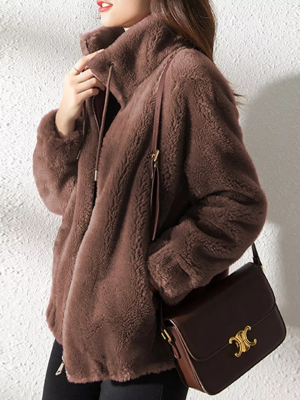 Full Size Drawstring Faux Fur Stand-Collar Zip-Up Outerwear Plus Size, image 9