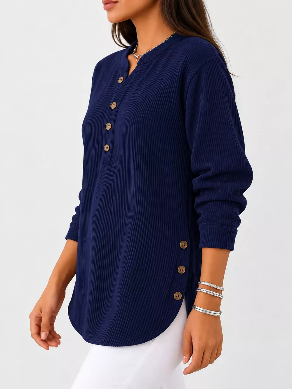 Full Size Button Detail Long Sleeve Top Plus Size, image 7