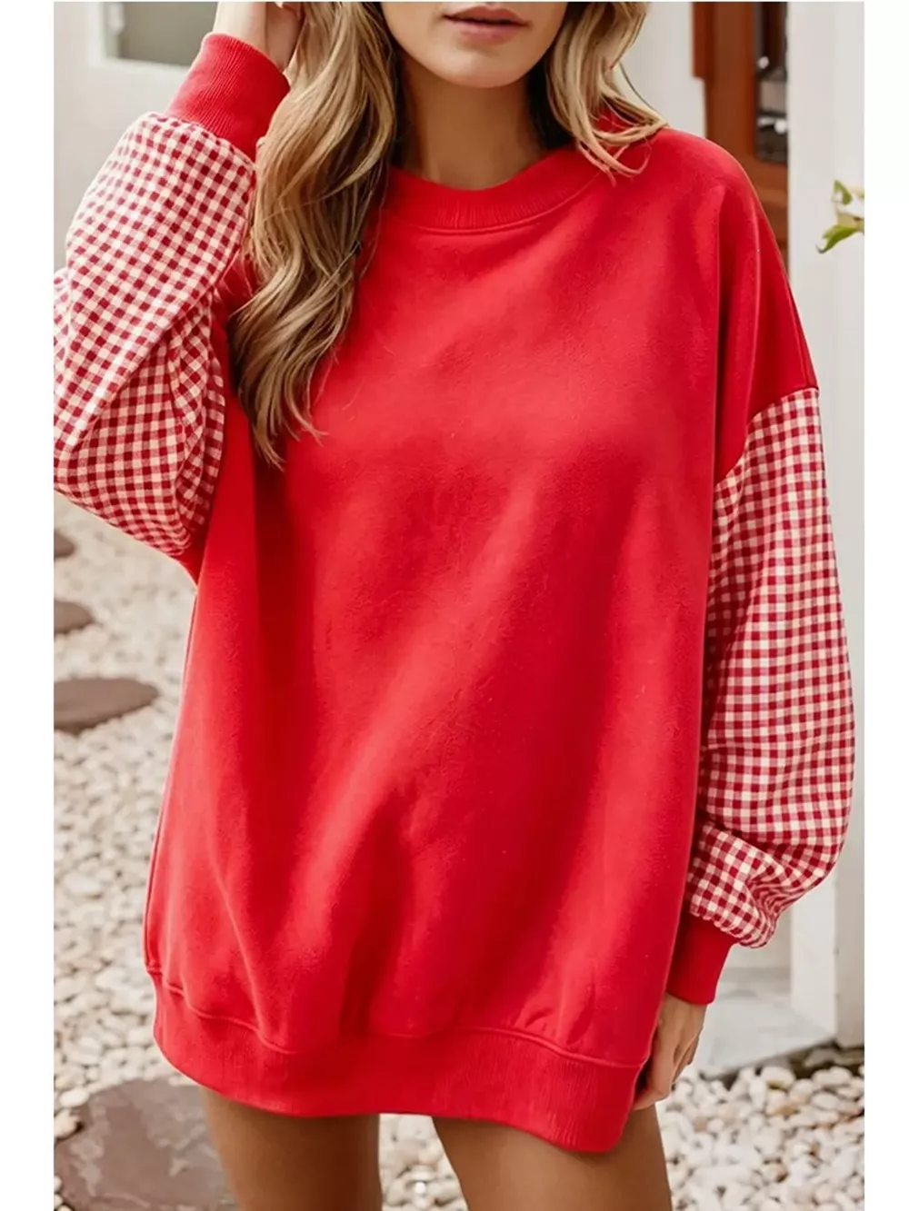Plaid Dropped Shoulder Sweatshirt, image 2