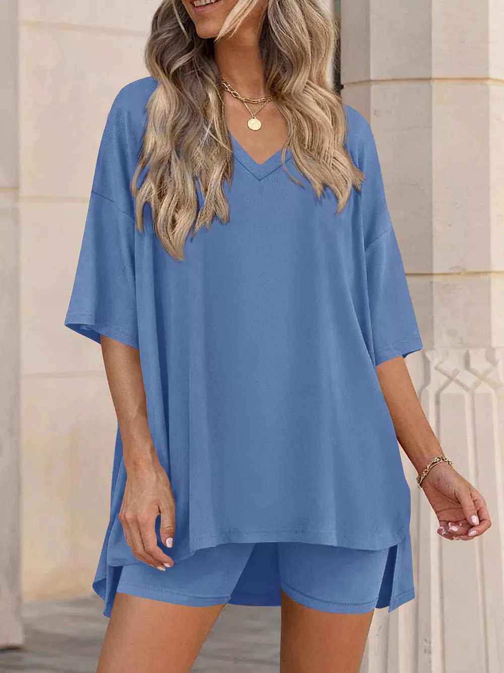 Full Size Casual Loose V-Neck T-Shirt & Shorts Set Plus Size, image 10