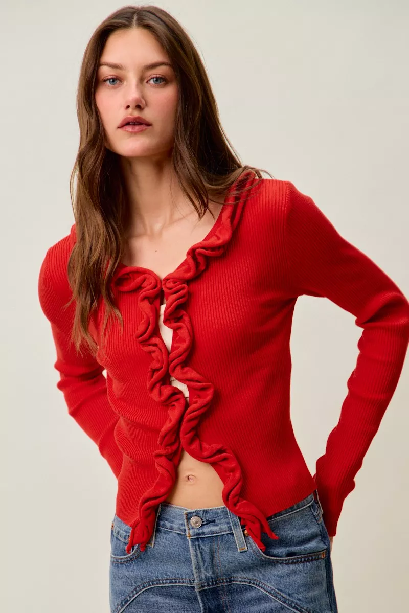 Cascade Ruffle Ribbed Sweater Cardgian, image 8