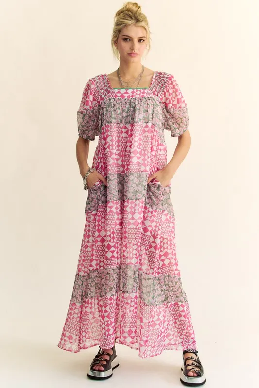 Multi Floral Square Neck Puff Sleeve Maxi Dress
