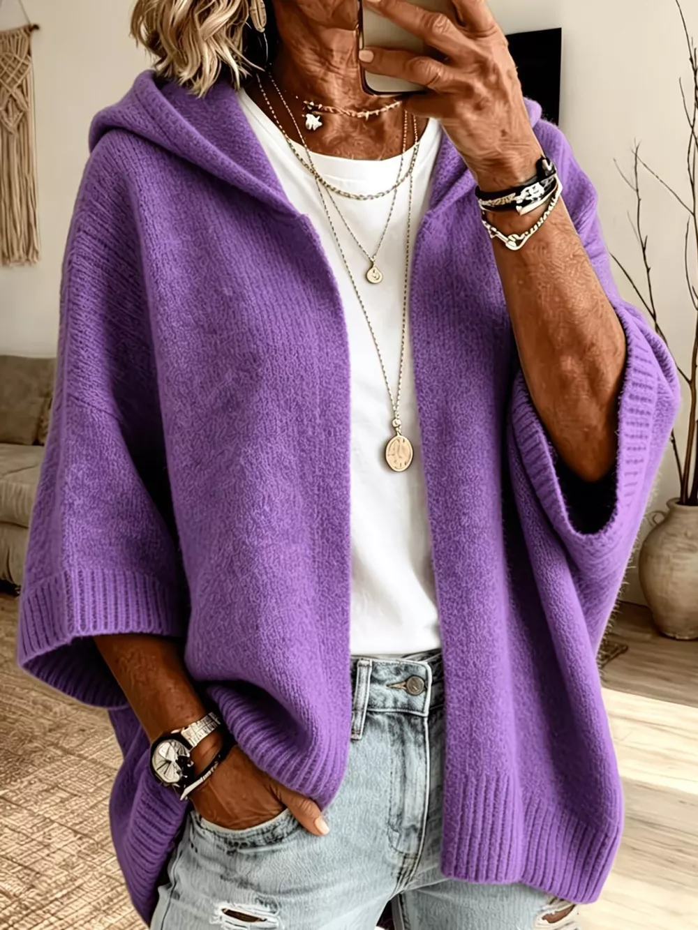 Full Size Hooded Open-Front Knit Cardigan Plus Size, image 11