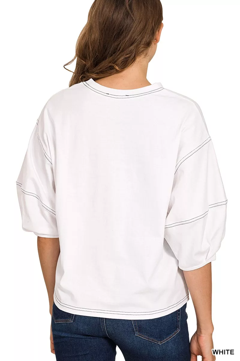 Balloon Sleeve Top with Contrast Stitching, image 3