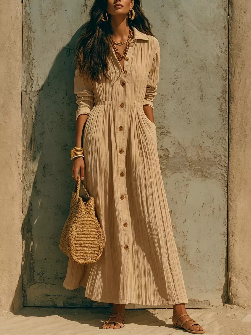 Full Size Textured Button Down Long Sleeve Maxi Dress Plus Size, image 7