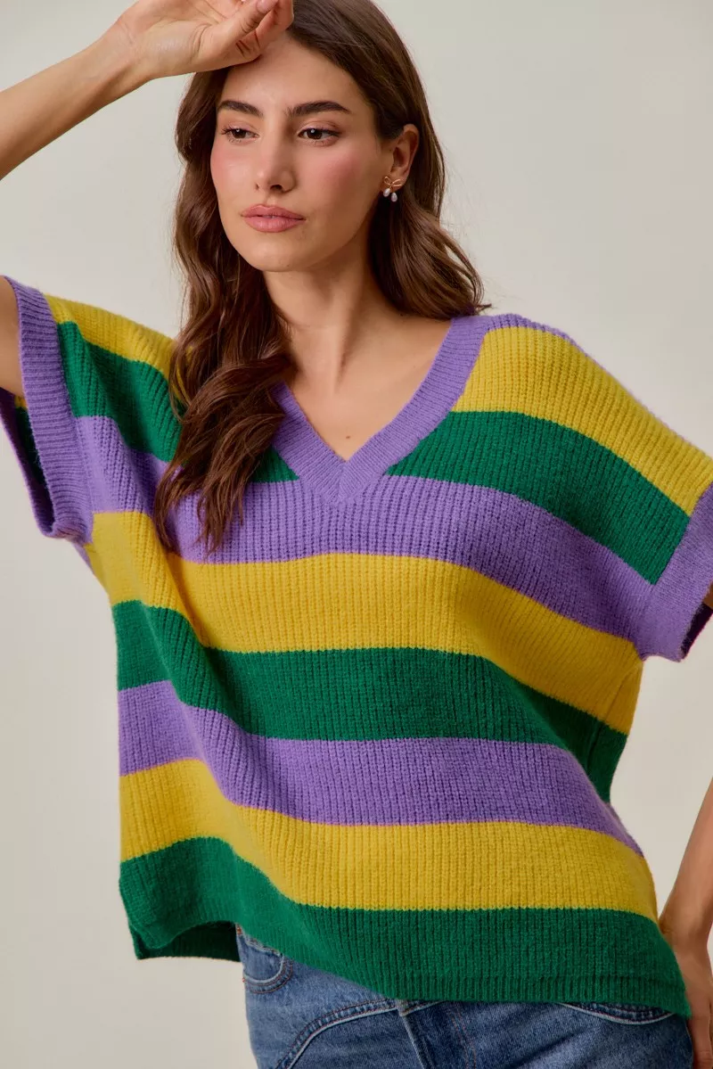 Mardi Gras Loose Fit V Neck Stripe Sweater Top, image 9
