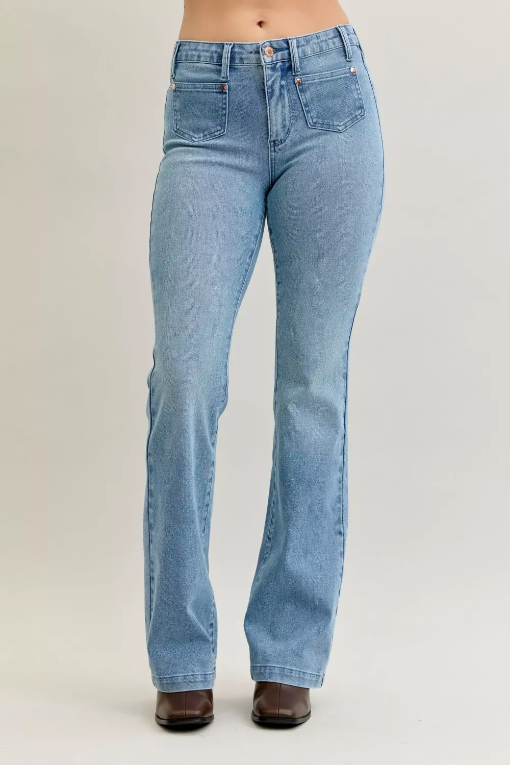 Full Size Mid Rise Bootcut Jeans with Contrast Wash & Front Patch Pockets Plus Size