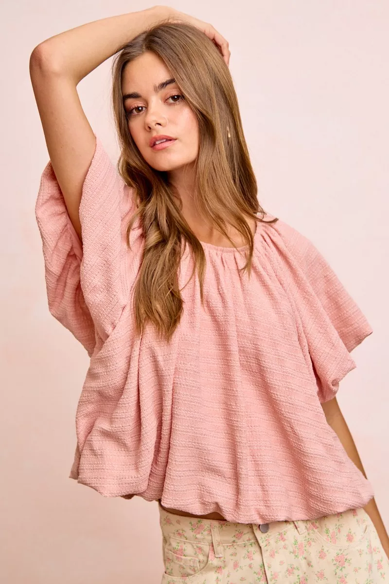 Stripes Textured Shirred Neckline Bubble Hem Top, image 7