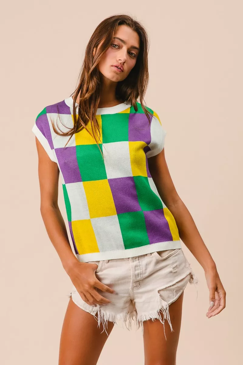 Mardi Gras Checker Pattern Sleeveless Sweater Top, image 14