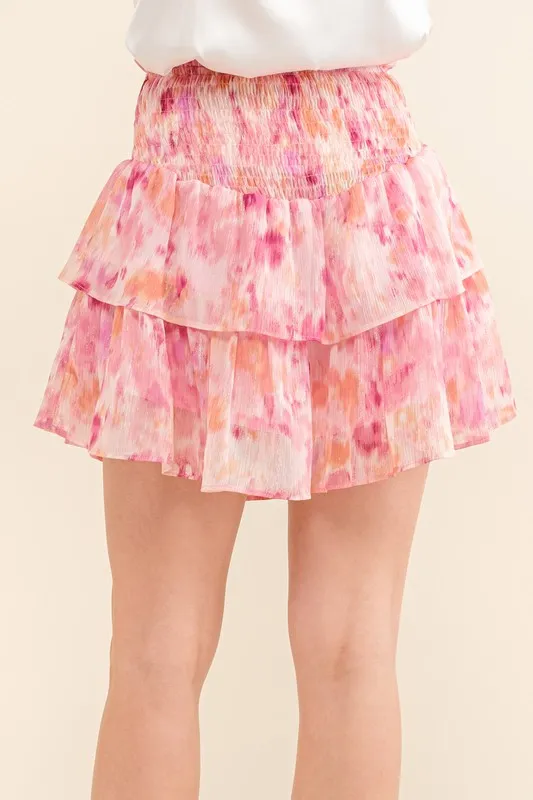Printed Lurex Smocked Waist Tiered Skort, image 3