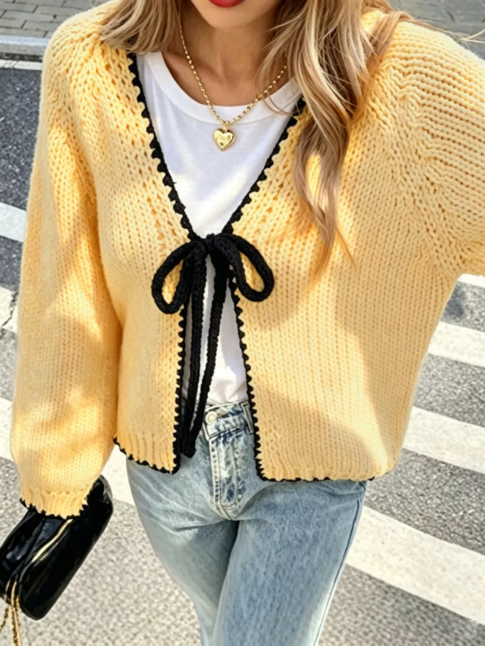 Full Size Chic Tie-Front Contrast-Trim Cardigan Plus Size, image 2