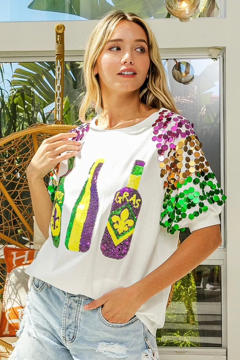 Sequin Mardi Gras Bottles Spangled Sleeve Top, image 7