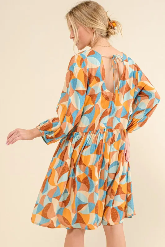 Printed Open Back Puff Sleeve Casual Dress, image 3