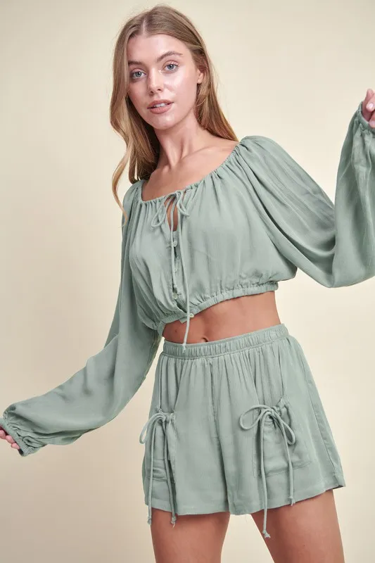 Gauze Long Sleeve Button Crop Top and Short Set, image 3
