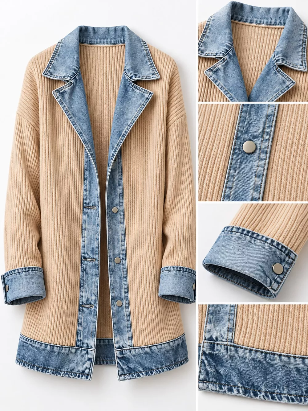 Full Size Denim Trim Ribbed Knit Cardigan Plus Size, image 36