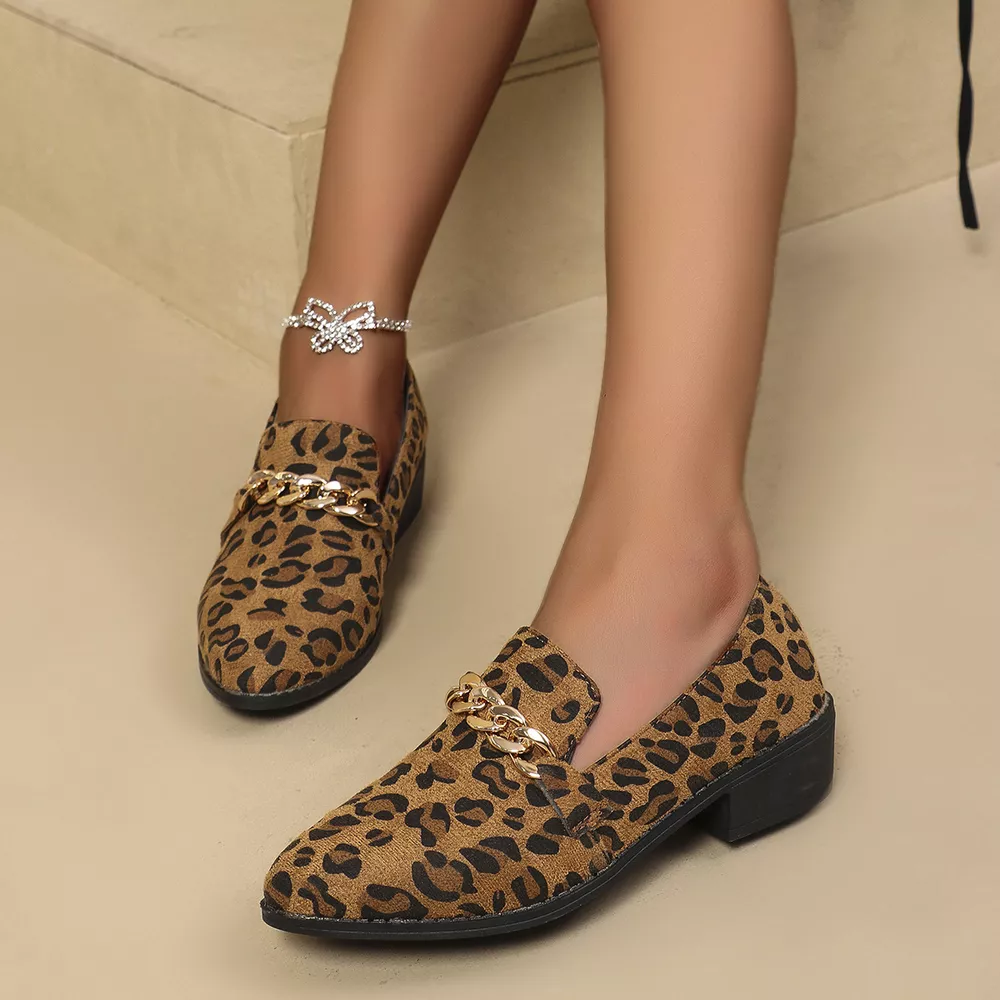 Leopard Chain Detail Loafers