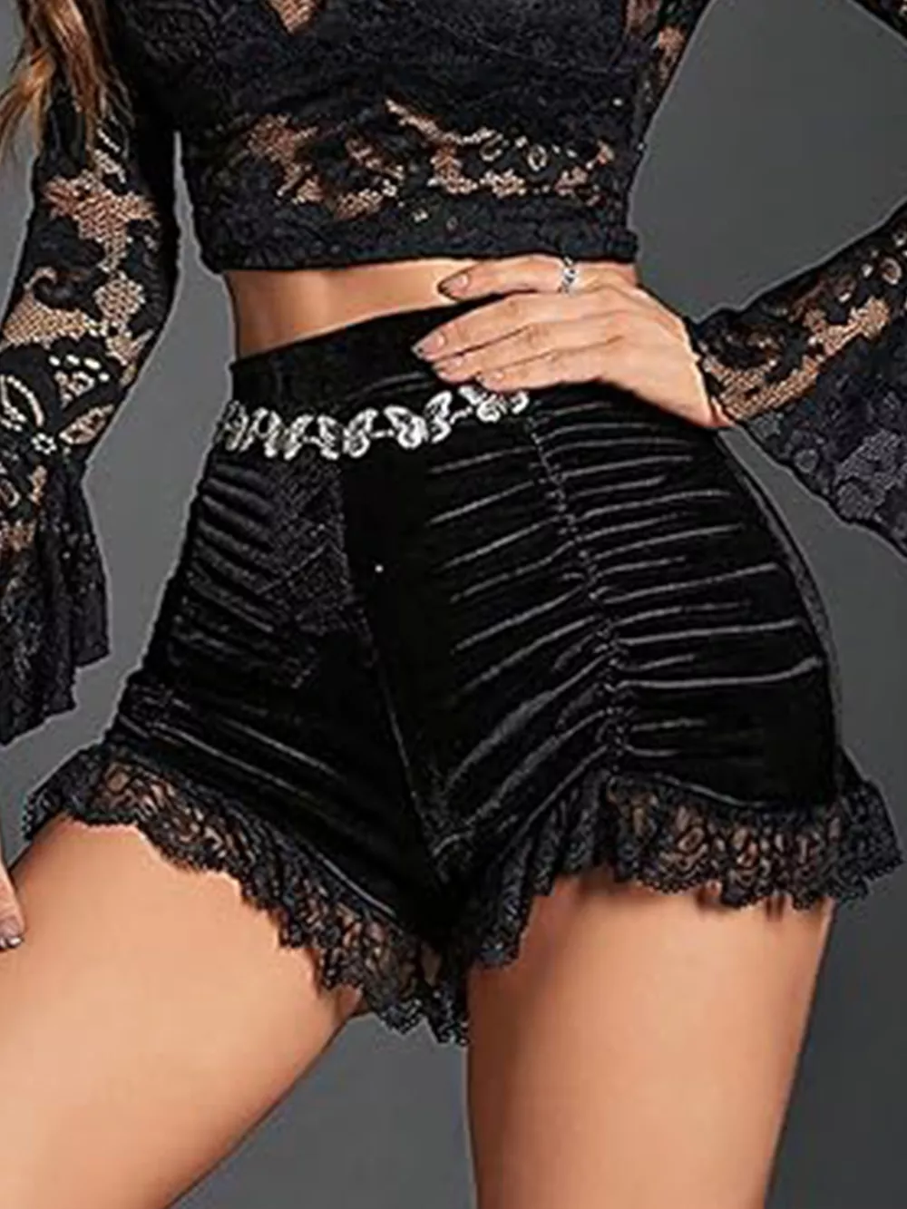 Ruched Lace Trim Shorts, image 2