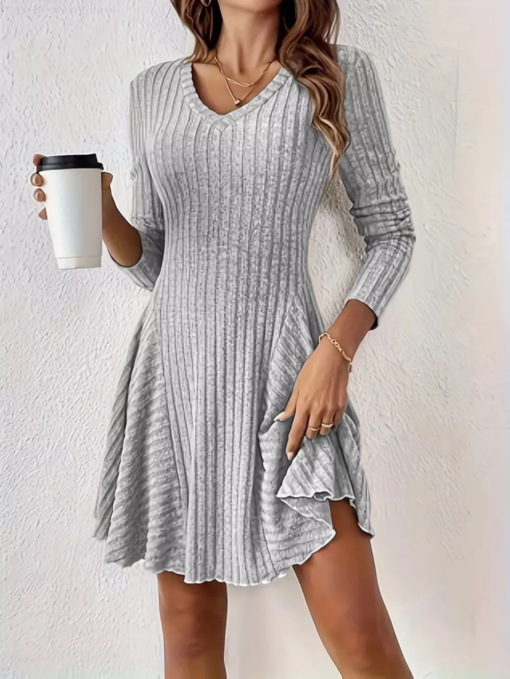 V-Neck Ribbed Knit A-Line Dress, image 27