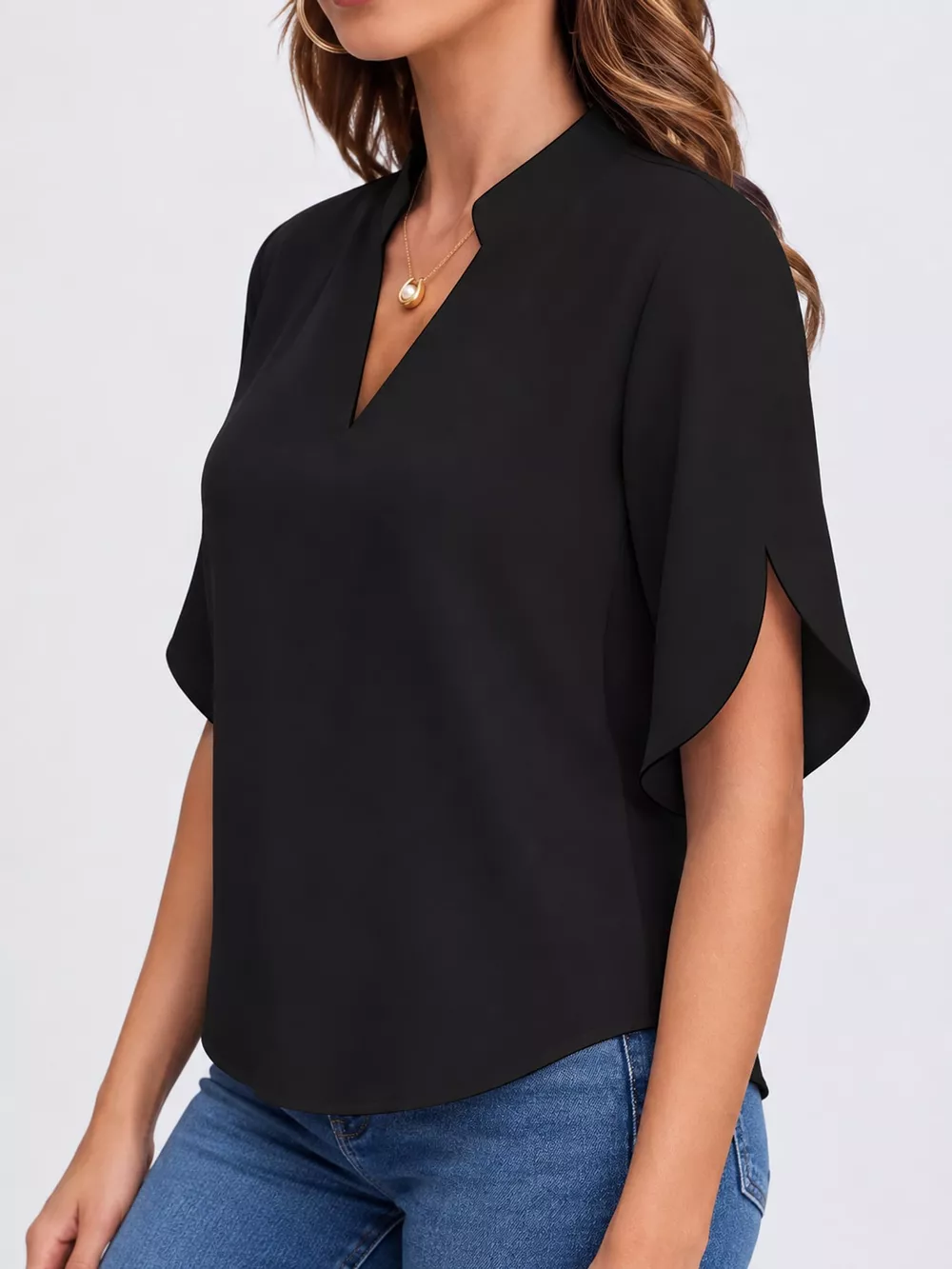 Notched Slit Short Sleeve Blouse, image 2