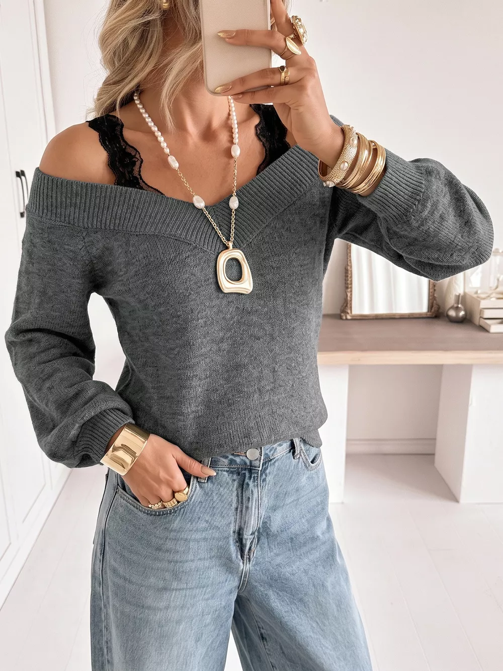 Off-Shoulder Lace Trim Sweater, image 2