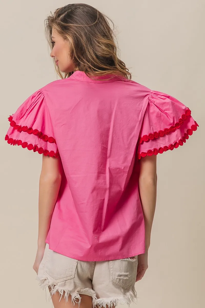 Dot Trim Flutter Sleeve Notched Top, image 7