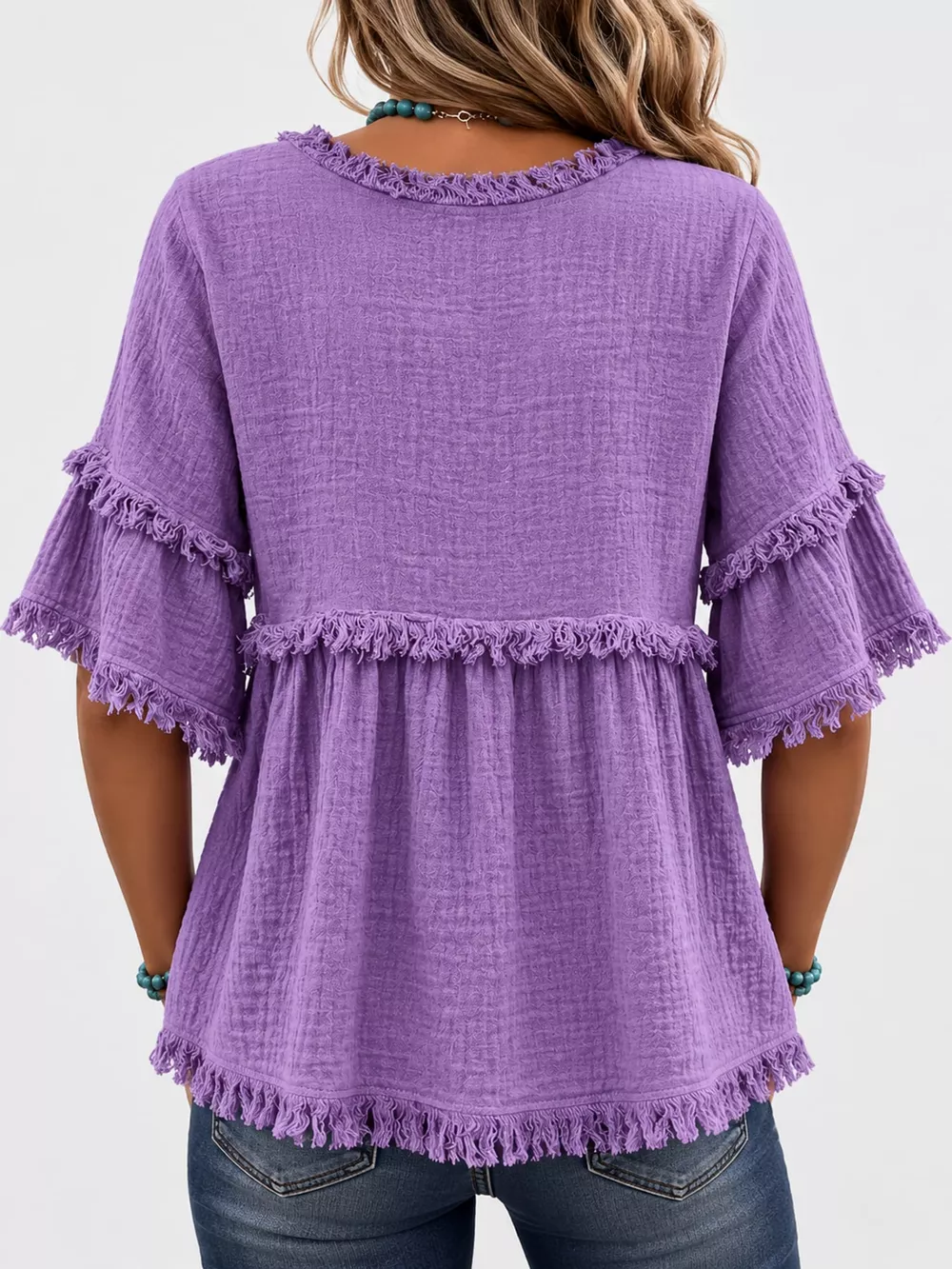 Full Size Frayed Edge Textured Blouse Plus Size, image 10