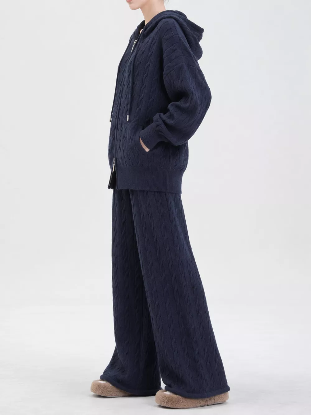 Cable Knit Zip-Up Hooded Cardigan and Wide-Leg Pants Sweater Set, image 16