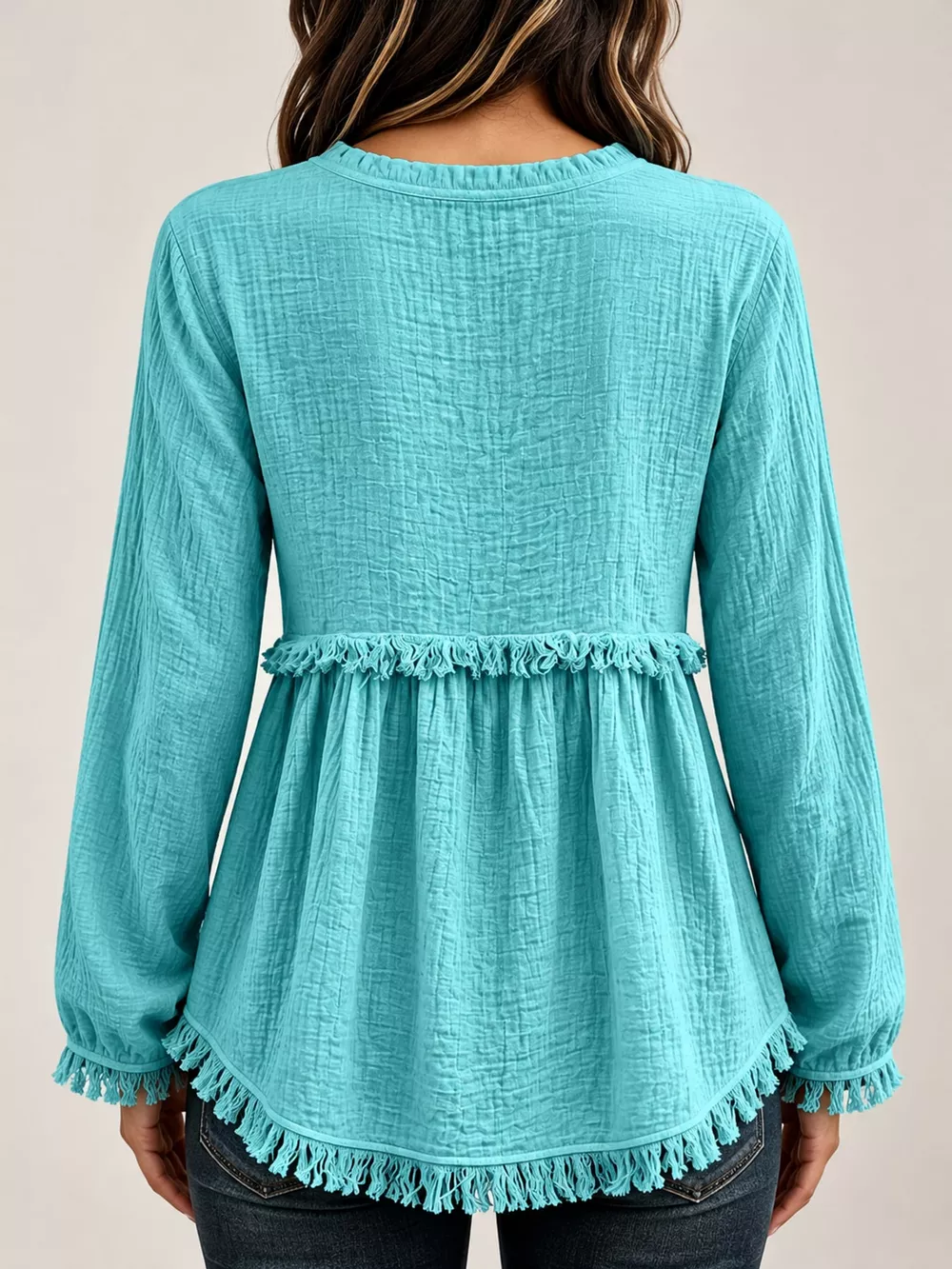 Full Size Frayed Hem Button Detail Blouse Plus Size, image 43