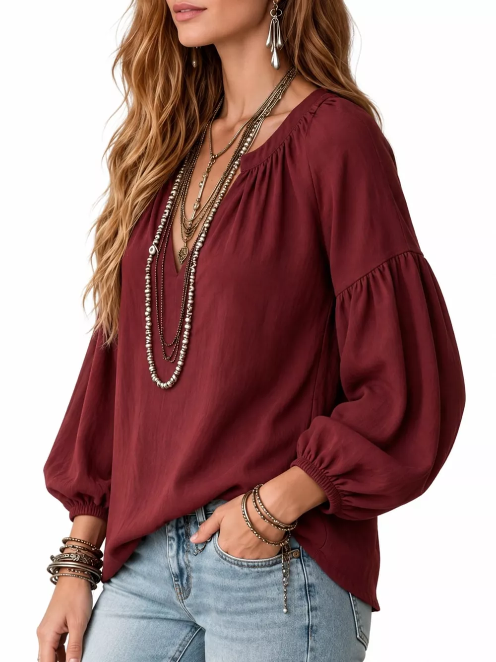 Full Size Notched Balloon Sleeve Blouse Plus Size, image 17