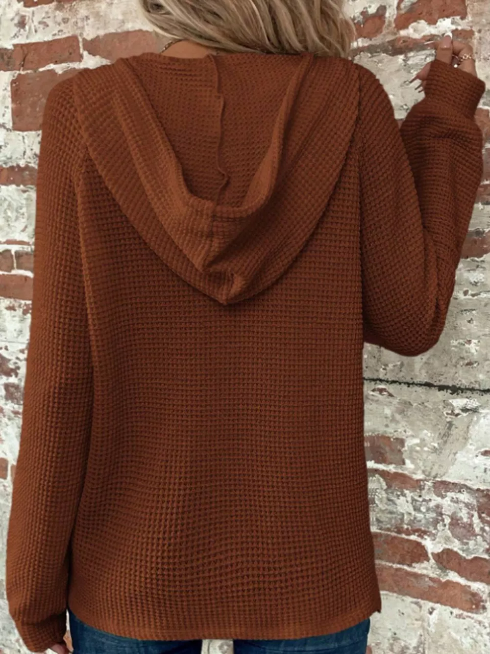 Full Size Waffle Knit Button Detail Hoodie Plus Size, image 41