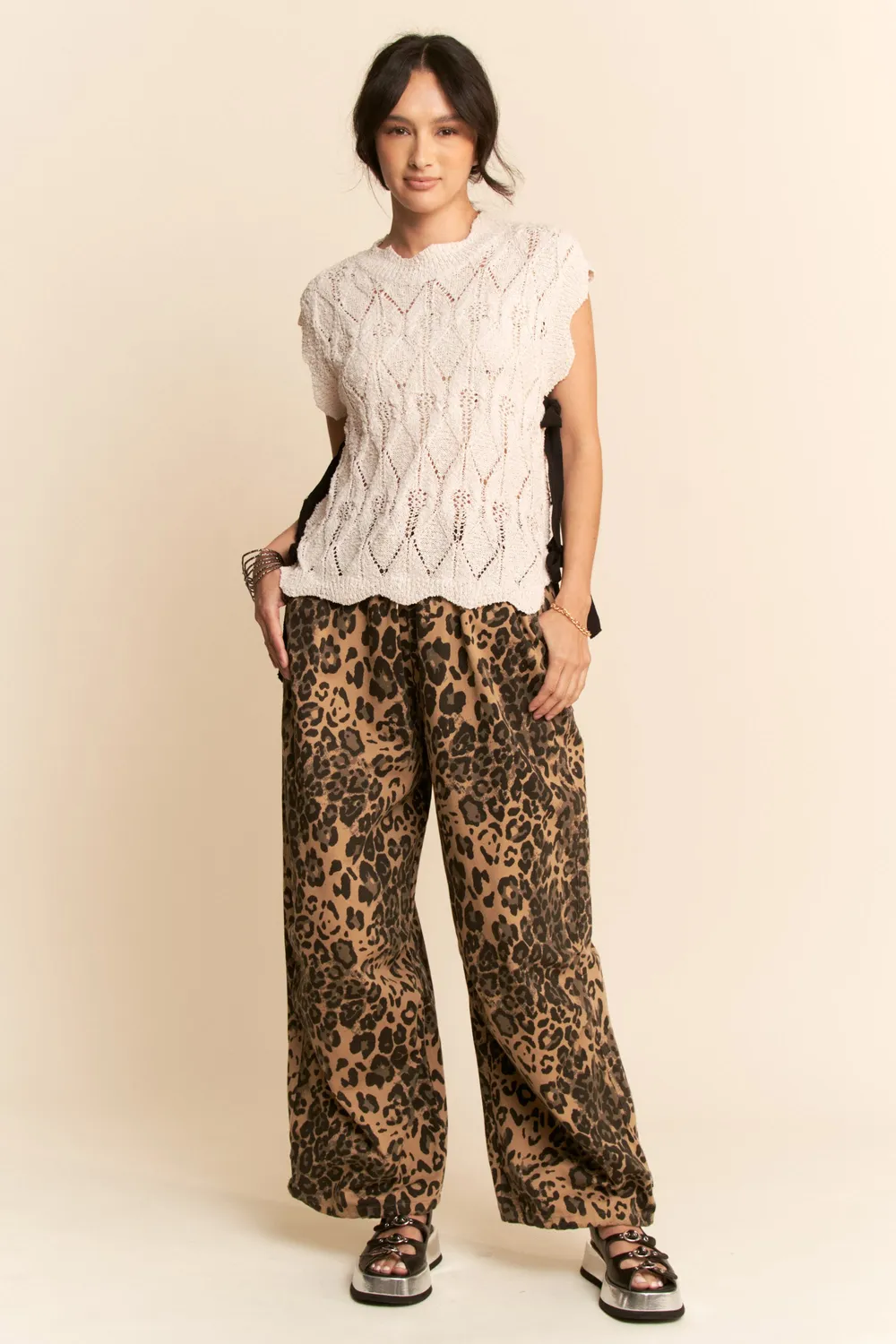 Ribbon Bow Ties Scalloped Trim Knit Semi Crop Top, image 6