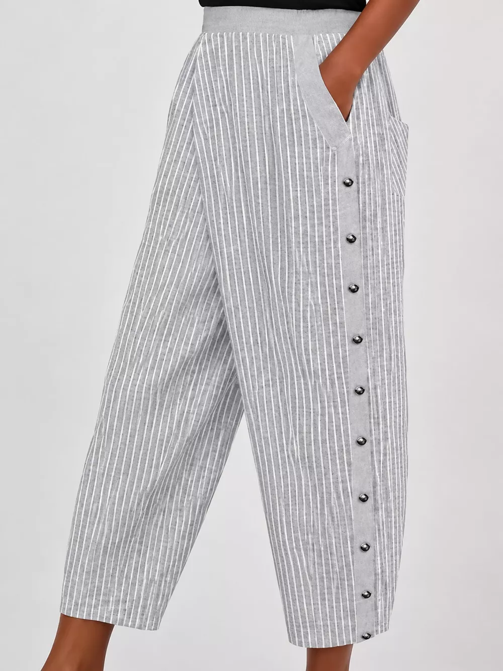 Striped Casual Pants with Side Button Detail, image 6