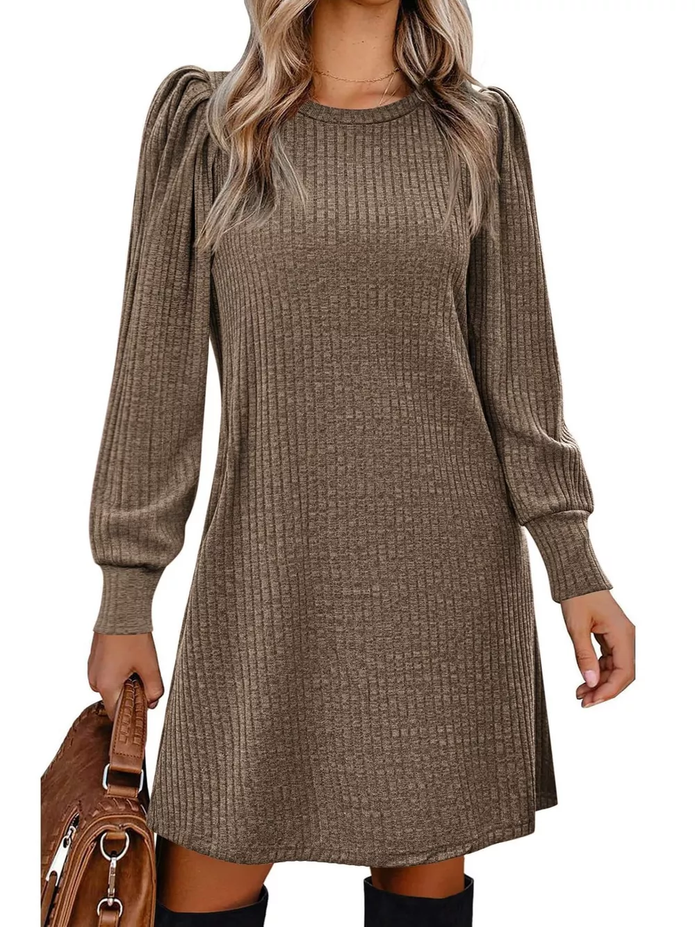 Puff Sleeve Ribbed Knit Dress with Pockets, image 17