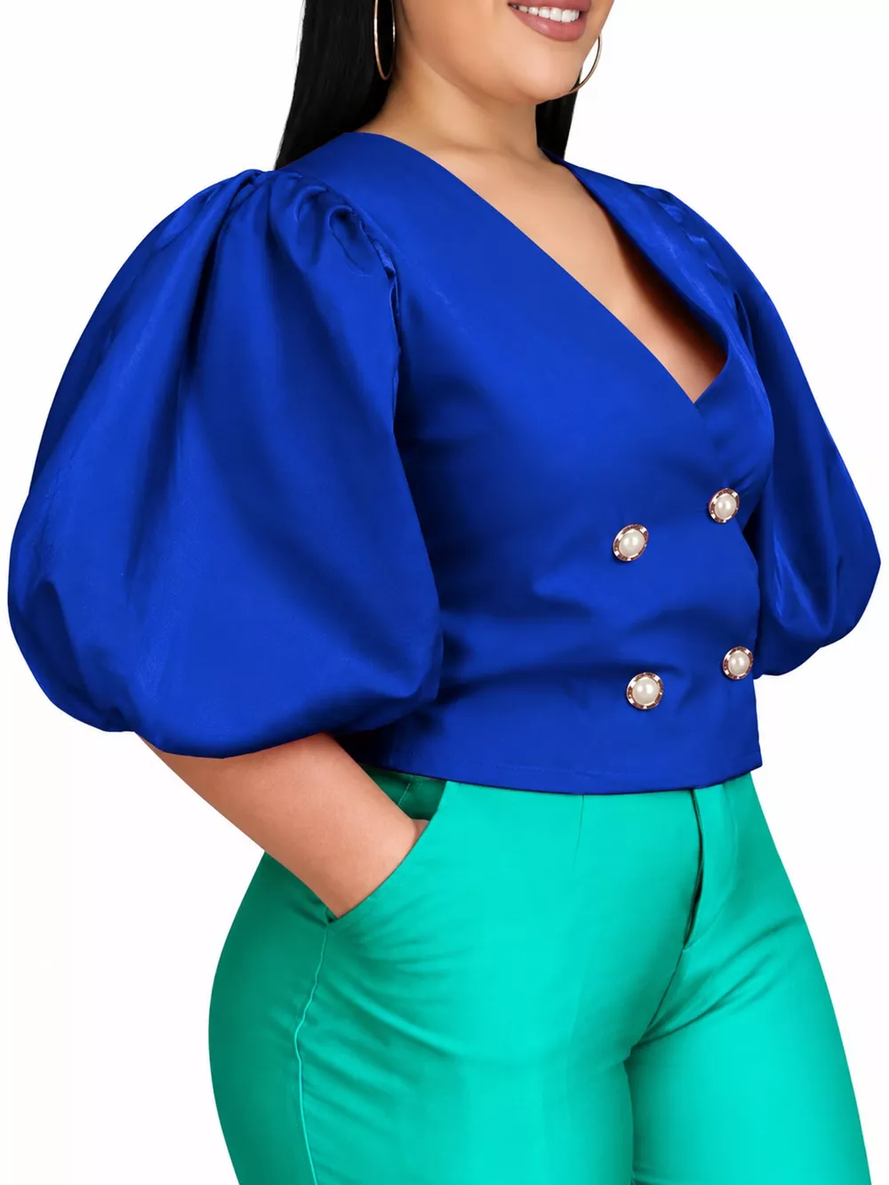 Full Size Double-Breasted Puff Sleeve Blouse Plus Size, image 9