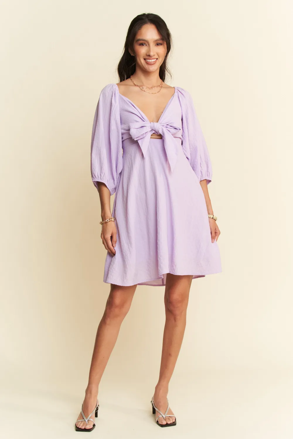 Self-Tie Puff Sleeve Smocking Open Back Mini Dress, image 6