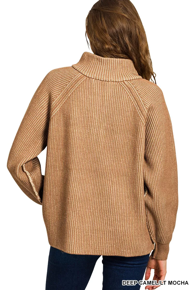 Ribbed Two Tone Half Zip Sweater, image 3
