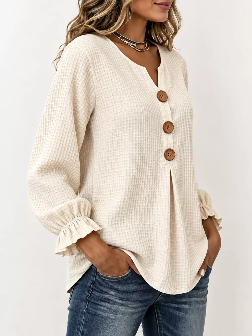 Full Size Waffle Knit Flounce Sleeve Blouse Plus Size, image 22